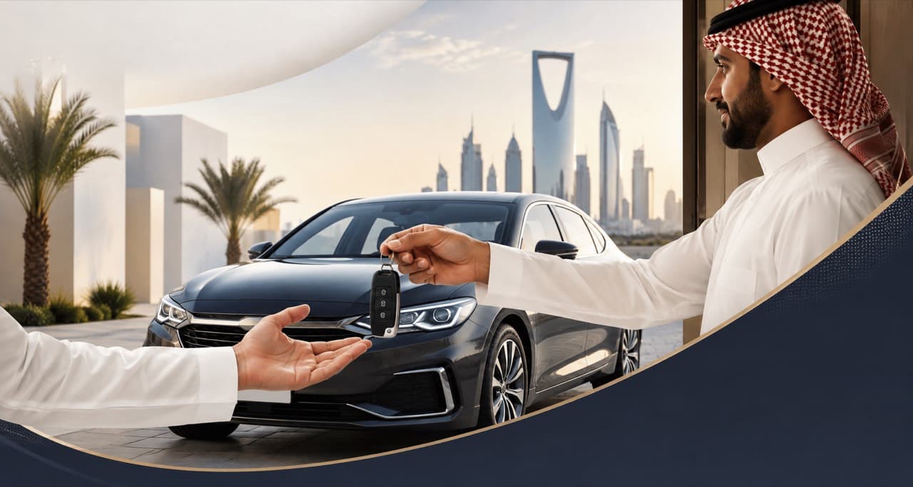 LetsDrive staff handing car keys to a customer at his door in Riyadh, with the Kingdom Tower skyline behind