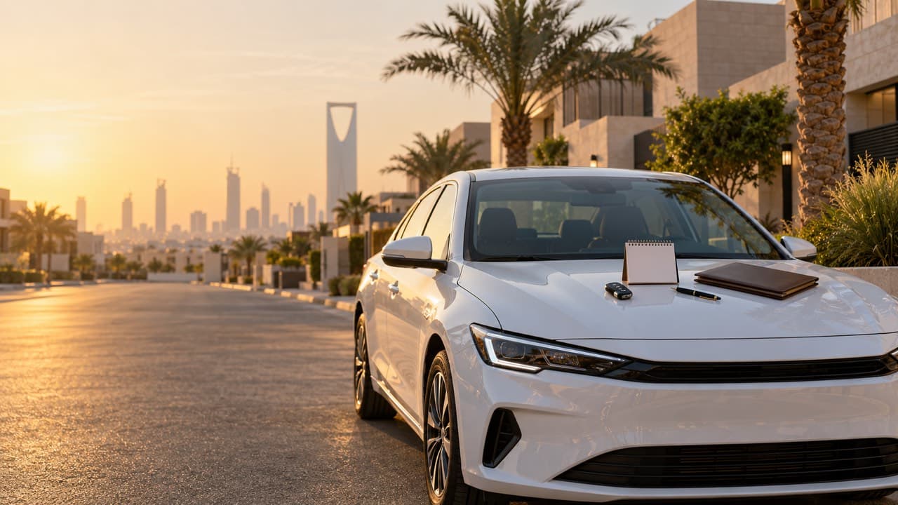 A white sedan parked on a Riyadh street at golden hour, with car keys, a calendar and a contract folder on the bonnet